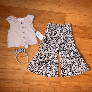 NWT Girls Size 3T Outfit - Eyelet Collar Top &  Leopard Print Flare Pants Set
